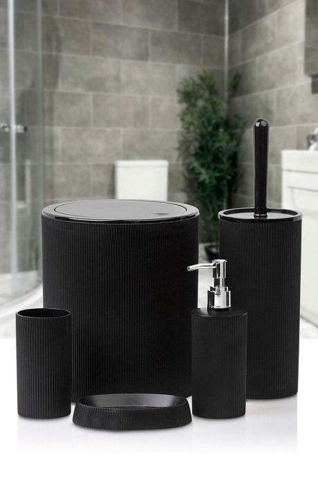 Trash Can Toilet Brush Liquid Soap Dispenser Toothbrush Holder Solid Soap Dispenser 5 Pieces Bathroom Set Black S-430 - Swordslife
