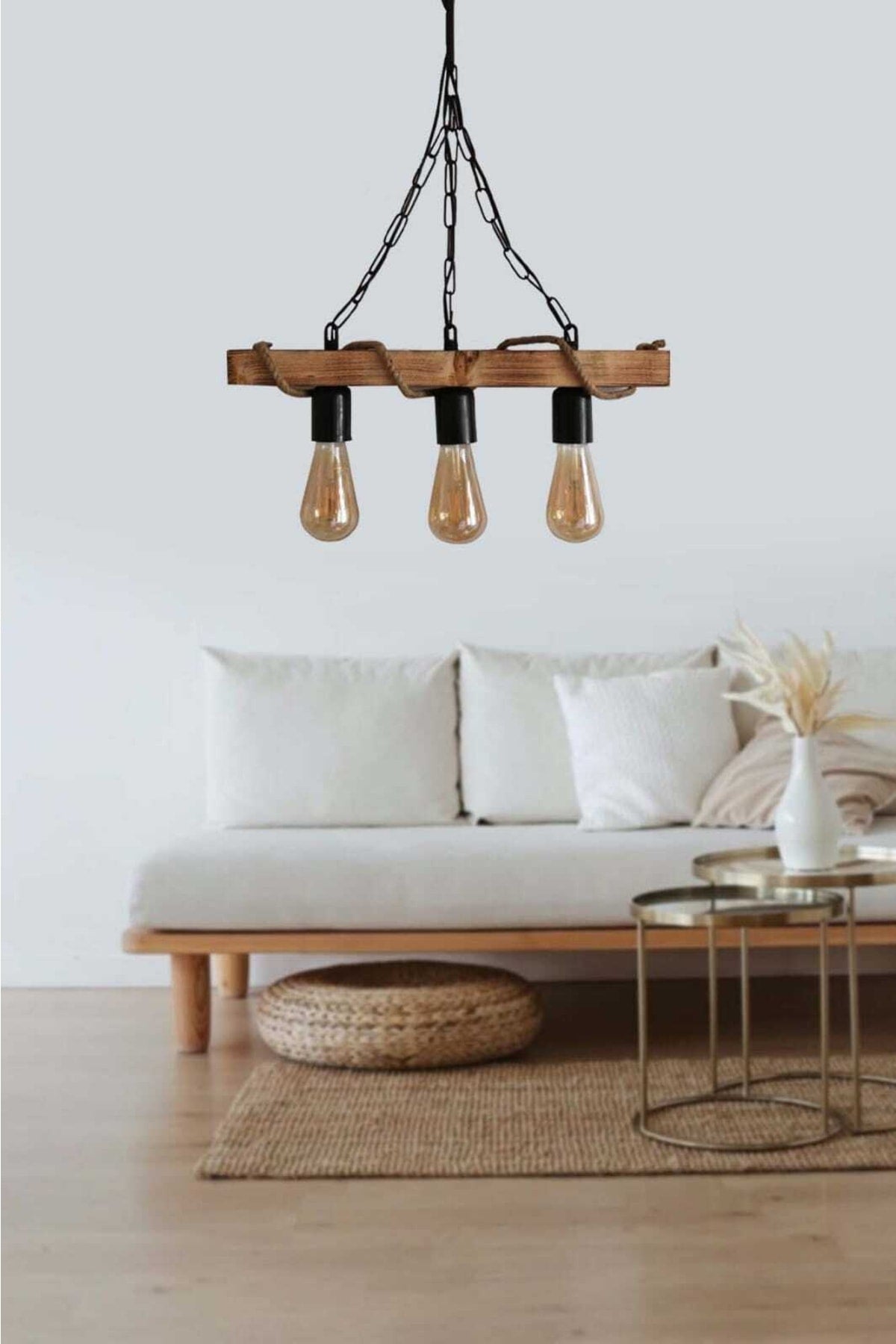 Brown Authentic Wood Natural Log Rope 3-Piece Chandelier
