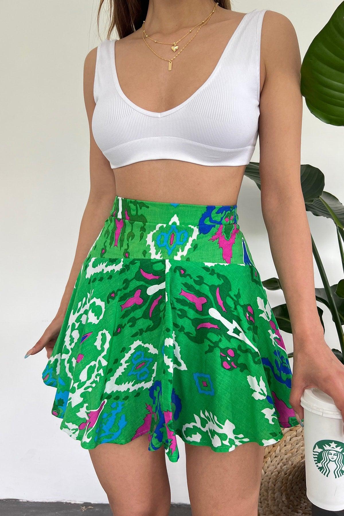 Women's Green Viscose Fabric Summer Shorts Skirt 1905 - Swordslife