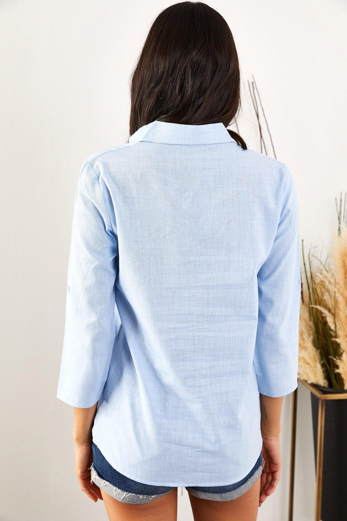 Women's Indigo Sleeve Fold Linen Shirt - Swordslife