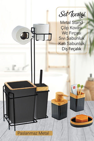 6 Piece Luxury Bathroom Set Black With Metal Stand and Wood Veneer - Swordslife