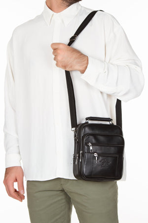 Herren-Hand- und Schultertasche aus schwarzem Echtleder mit Stahlgehäuse und Geldbörse aus echtem Leder, 100 % Echtleder