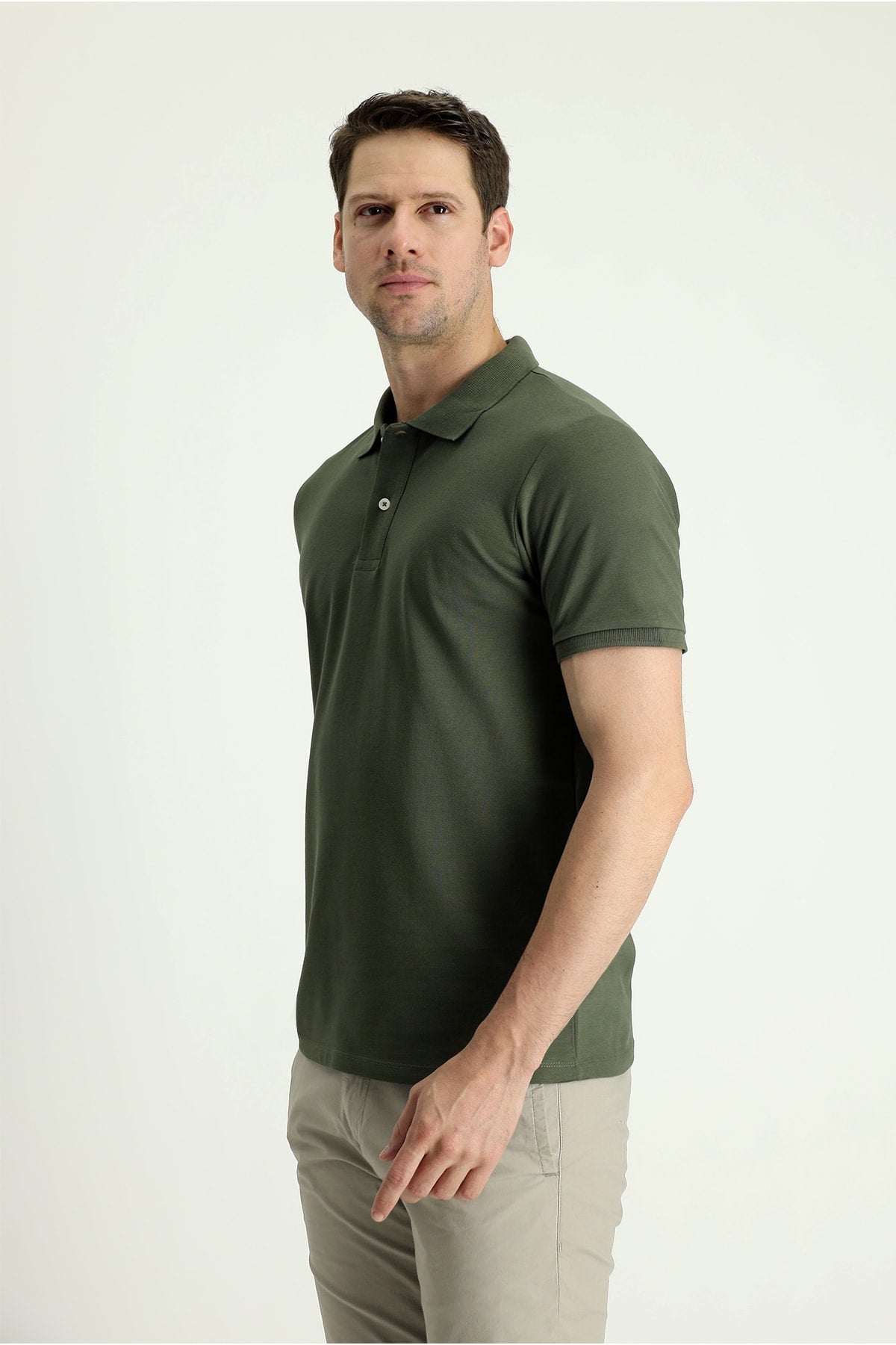 Men's Medium Khaki Polo Collar Slim Fit Embroidered T-Shirt