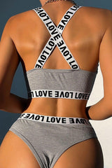 Women's Gray Cross Back And Love Lettering Detailed Underwear Set - Swordslife