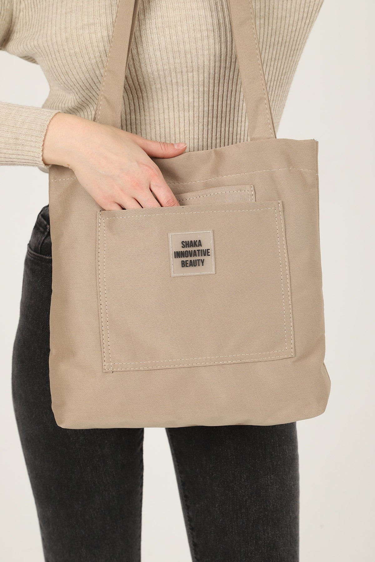 Mink U22 3-Compartment Front 2 Pocket Detailed Canvas Fabric Daily Women'S Arm And Shoulder Bag B:35 E:35