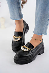 Women's Thick Sole Loafer Loafers Black With Pearls - Swordslife