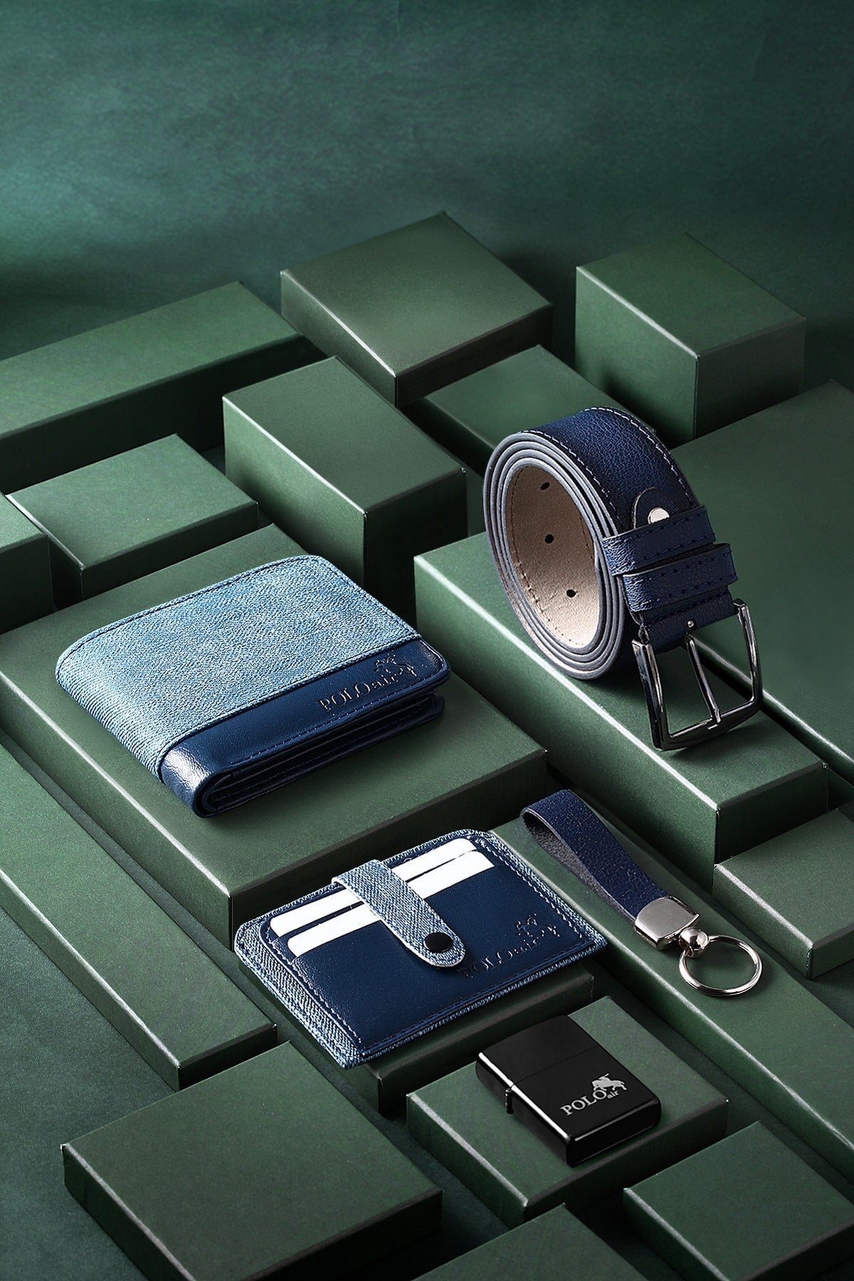 Belt Wallet Card Holder Keychain Lighter Gift Box Navy Blue Set