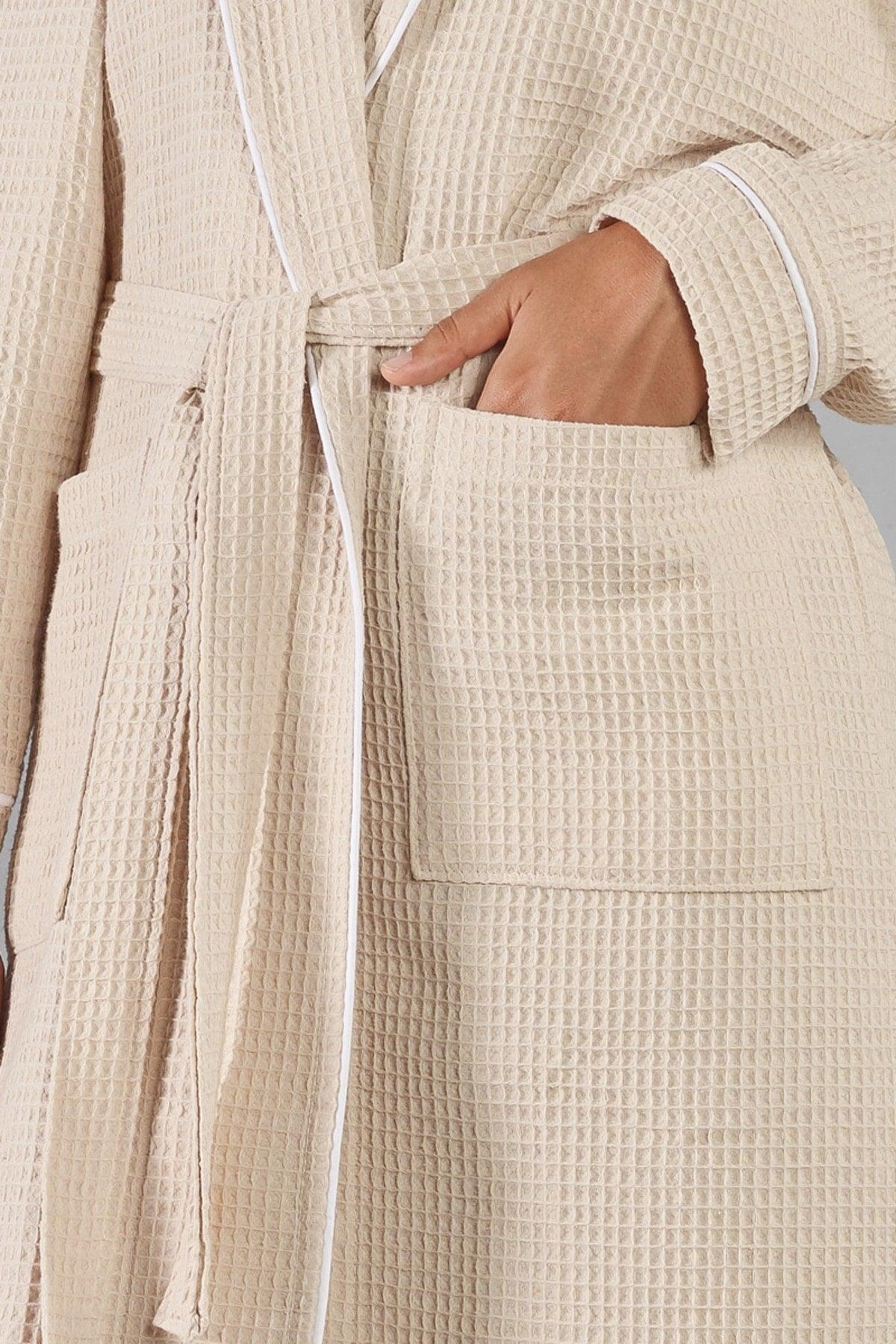 Unisex Soho Pique Bathrobe Beige - Swordslife