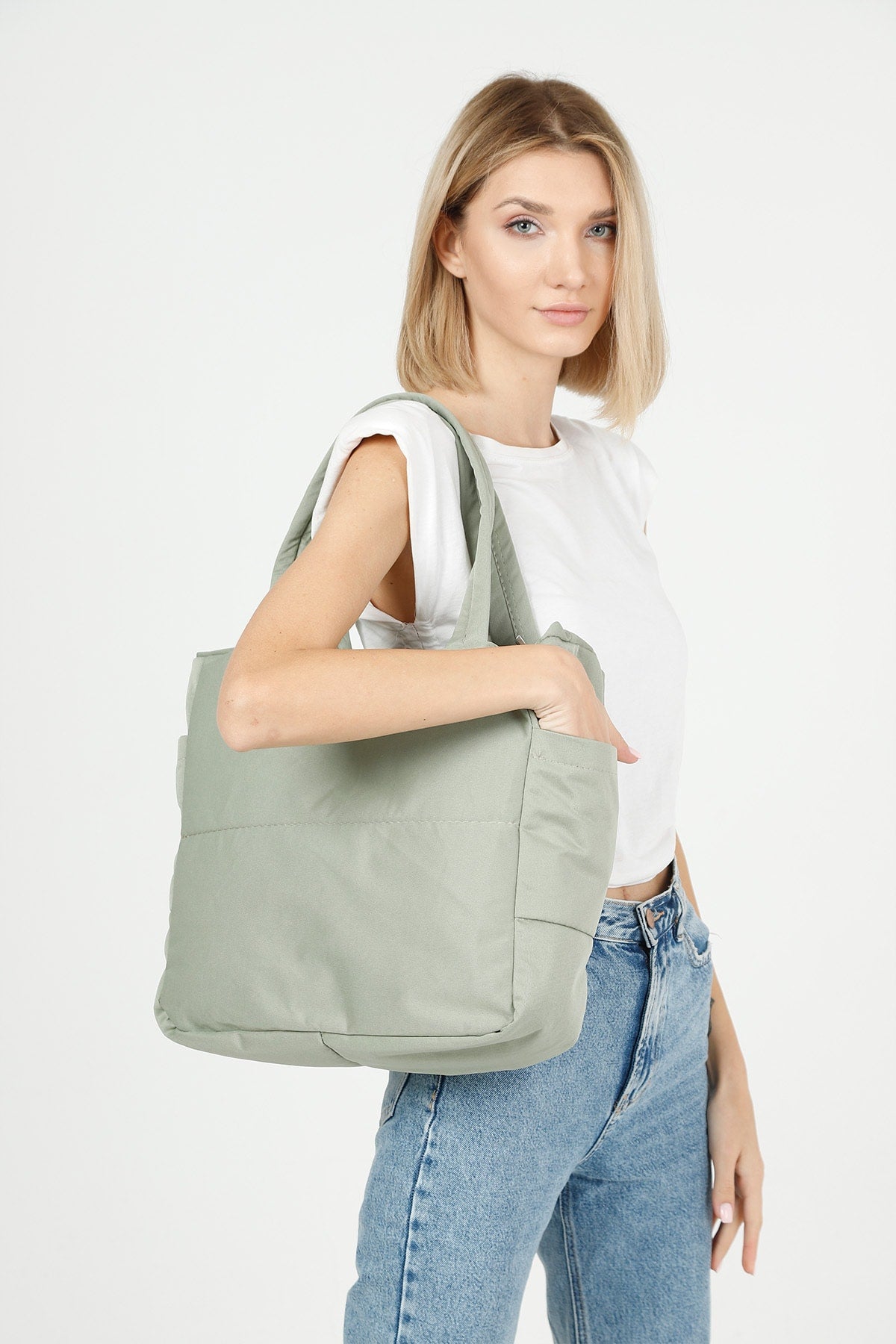 Green U25 3-Compartment Side 2 Pocket Detailed Zipper Closure Canvas Women'S Arm And Shoulder Bag B:35 E:35 G