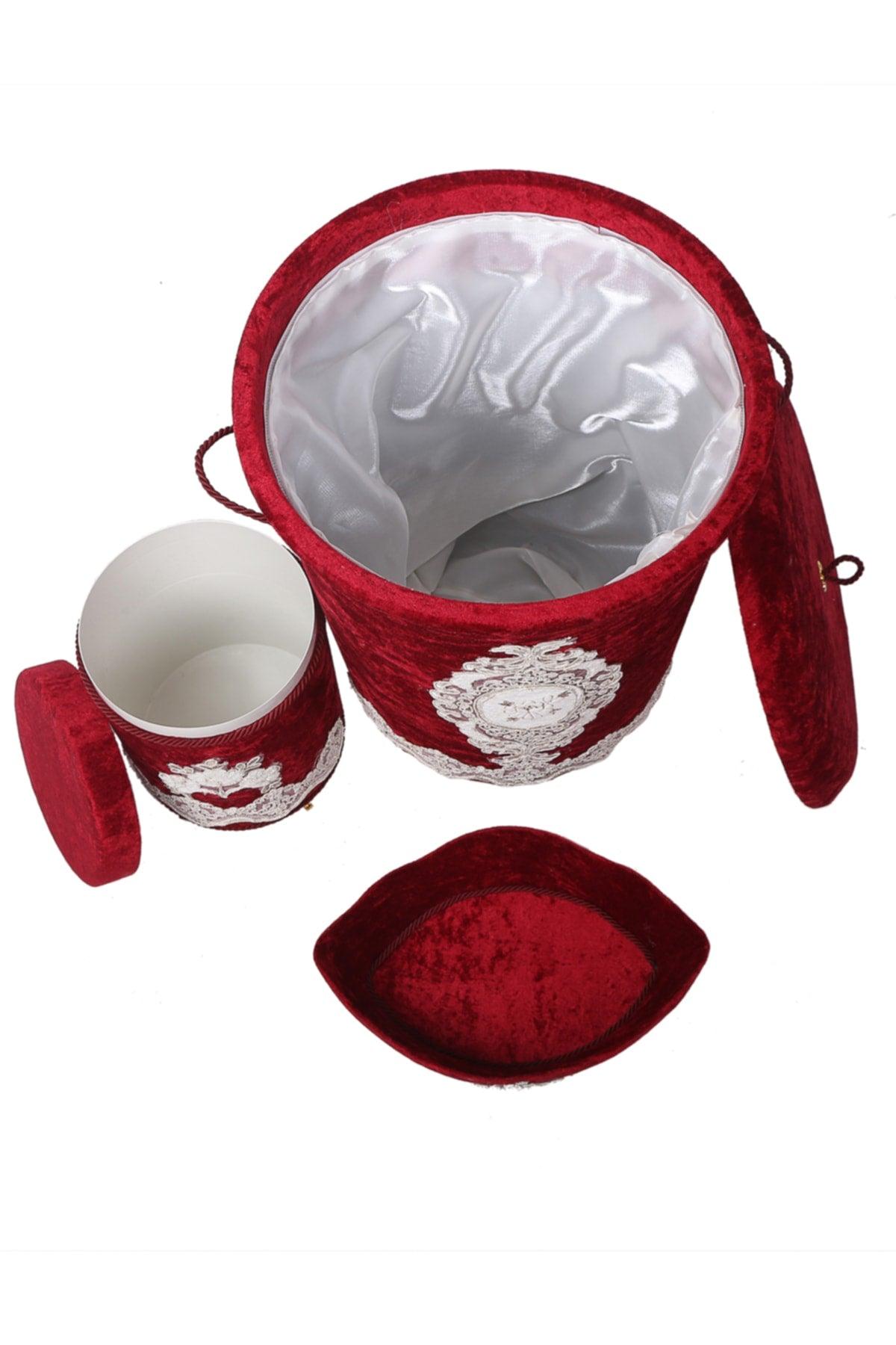 Lisa Claret Red 3 Pcs Velvet Dowry Lacy Bathroom Dirty Laundry Basket Set | Bathroom Set - Swordslife