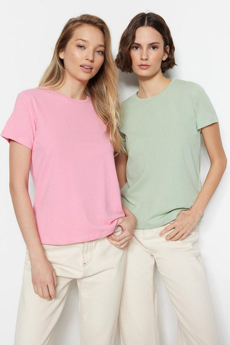 Pink-Mint 100% Cotton Single Jersey Crew Neck 2-Pack Knitted T-Shirt - Swordslife