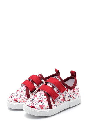 Floral Patterned Double Velcro Linen Children'S Sports Shoes-Burgundy-F-498