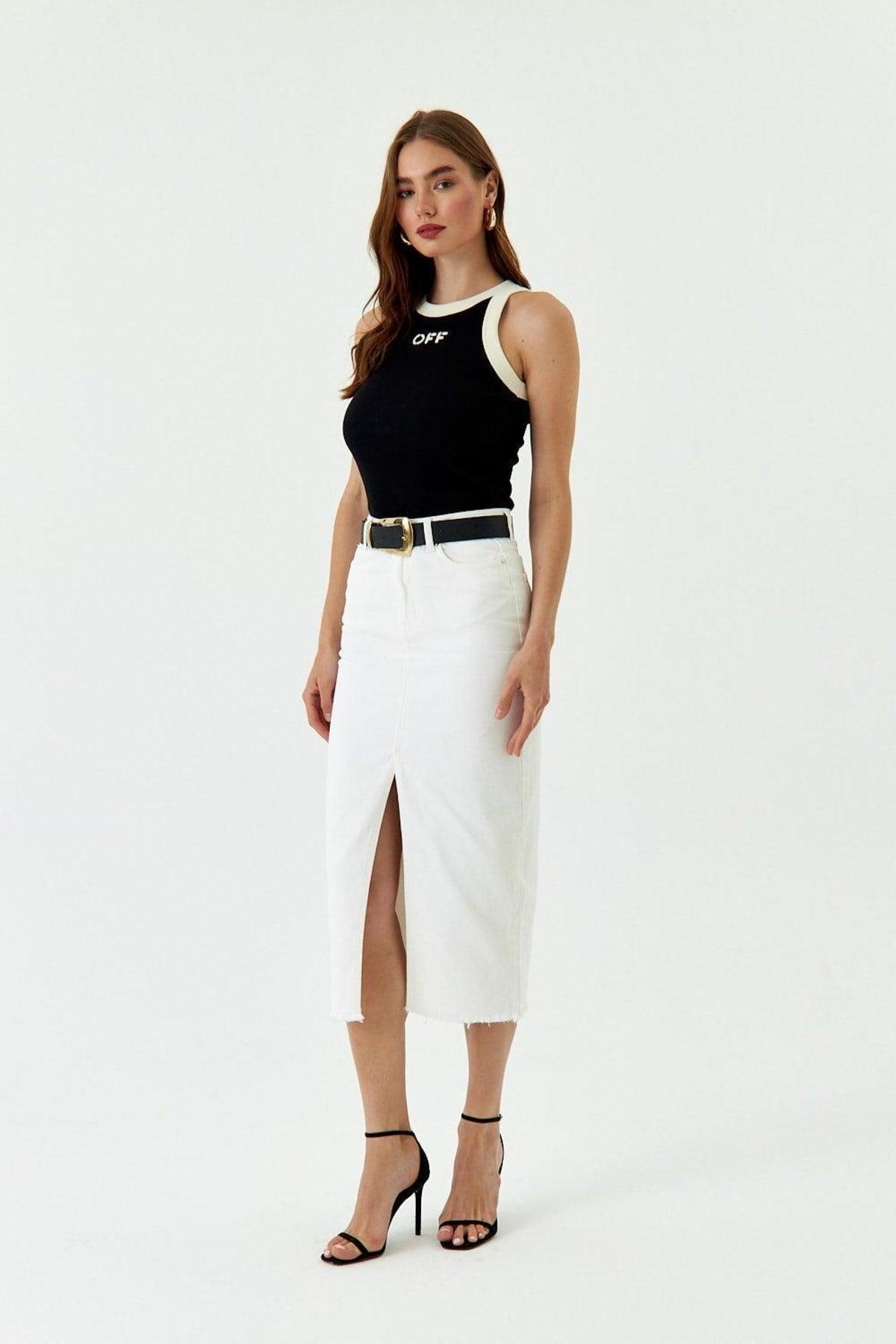 Slit Detailed Midi Length Cream Denim Skirt - Swordslife