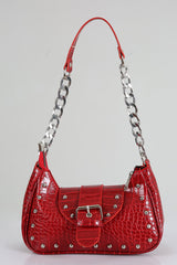 Bony Staple Crocodile Patterned Red Handle Bag