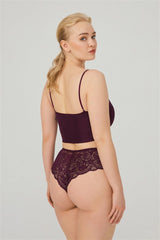 Plum Lace Tulle Detailed Plus Size Women's Brazilian Panties - Swordslife