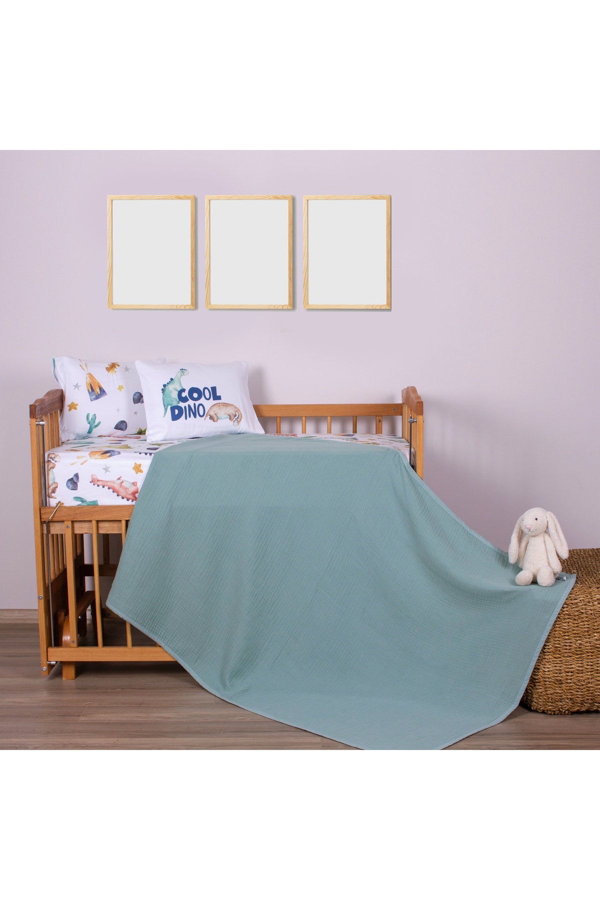 Organic Muslin Picture And Cotton Satin Baby Bedding - Dinosaur And Nature Themed