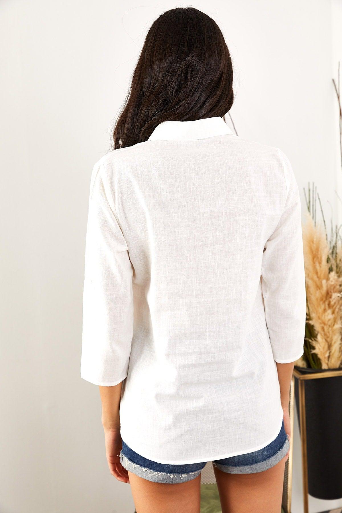 Women's White Sleeve Fold Linen Shirt - Swordslife
