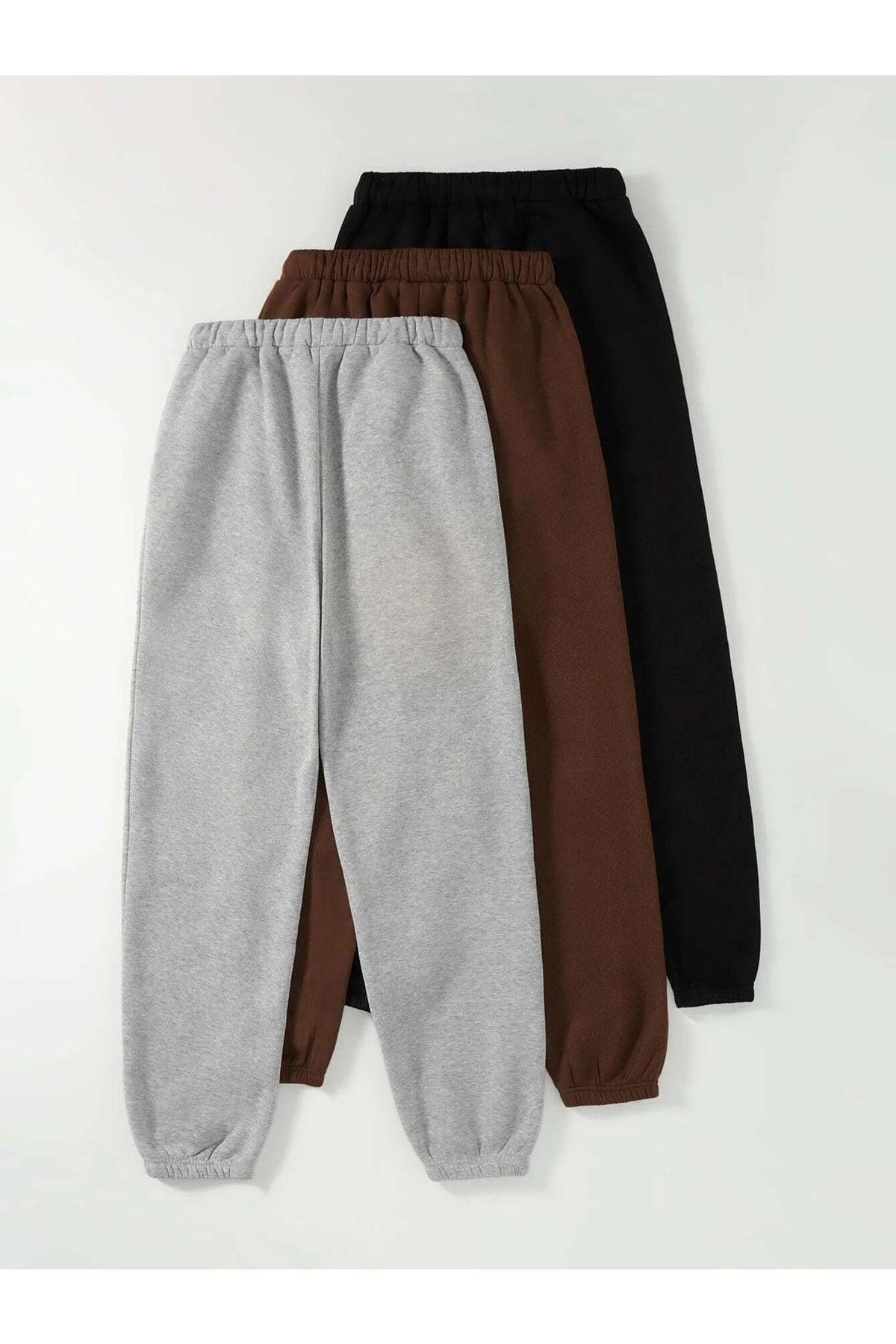 3-pack Logo Printed Jogger Sweatpants - Black, Gray And Brown, Elastic Leg, High Waist, Summer - Swordslife