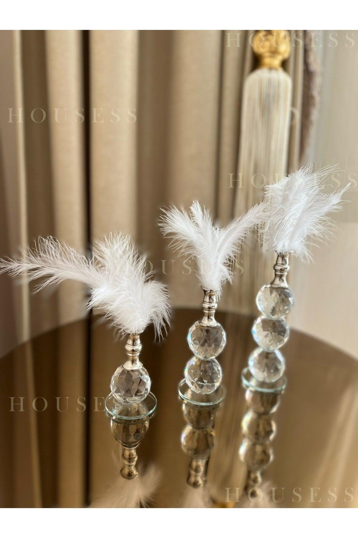 3 Pack White Feathered Silver Crystal Ball Feather Decor Trinket Ornament - Swordslife