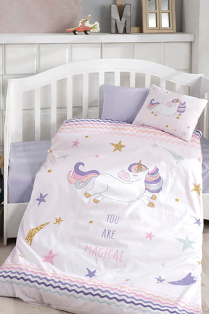 Girl Child Purple Digital Printed 3D Cotton Baby Duvet Cover Set
