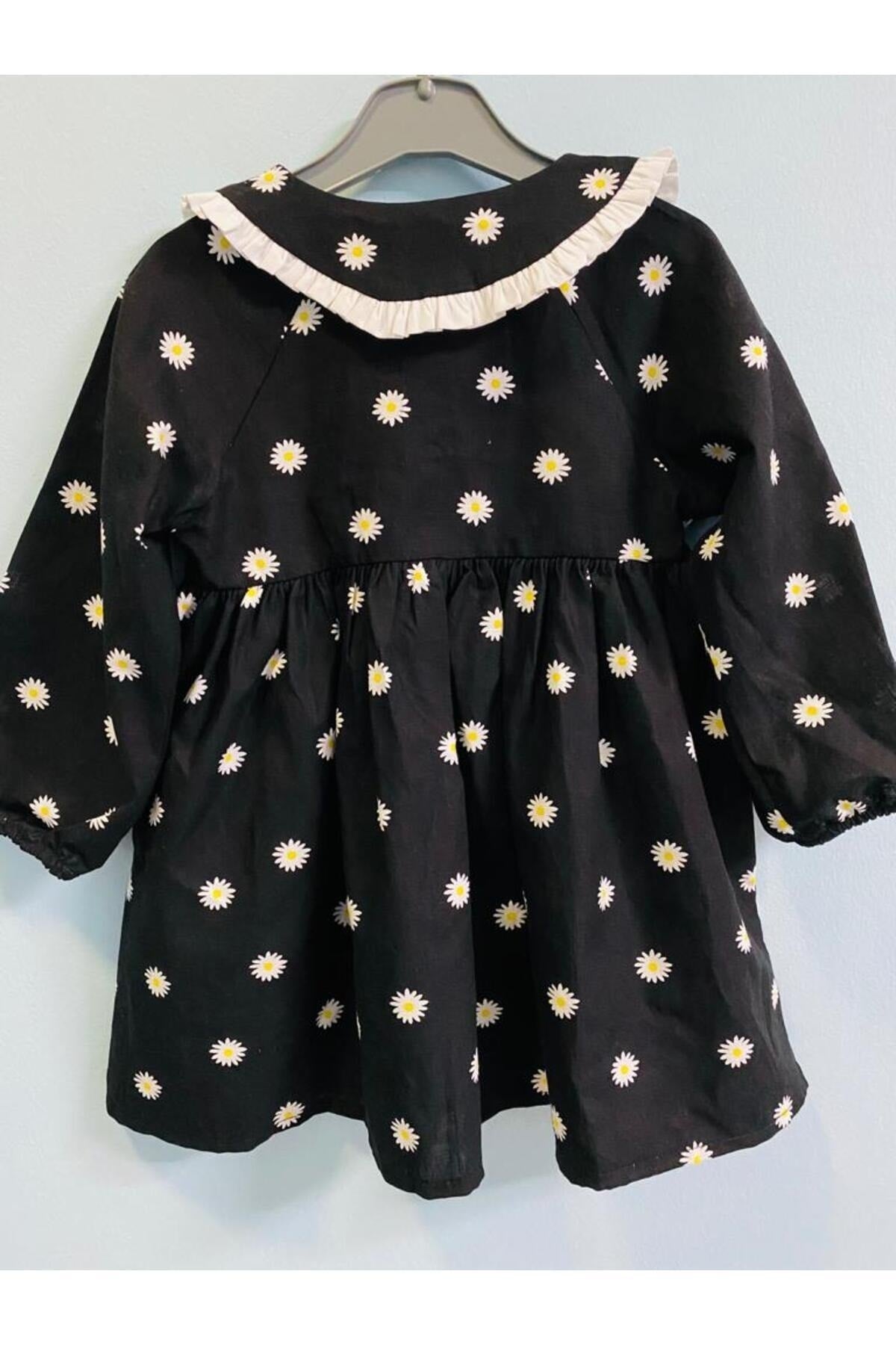 DAISY PATTERNED LONG SLEEVE DRESS WITH RUBBED COLLAR