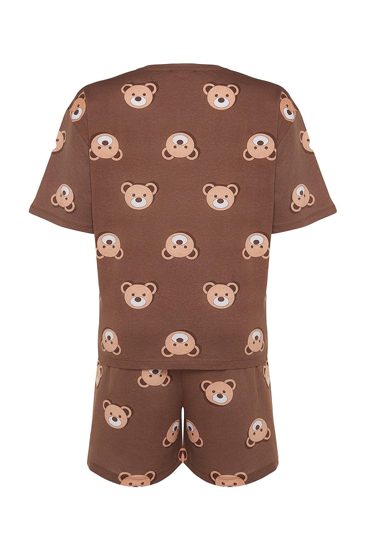 Brown Teddy Bear Printed Cotton Knitted Pajamas Set TBBSS23AI00022 - Swordslife
