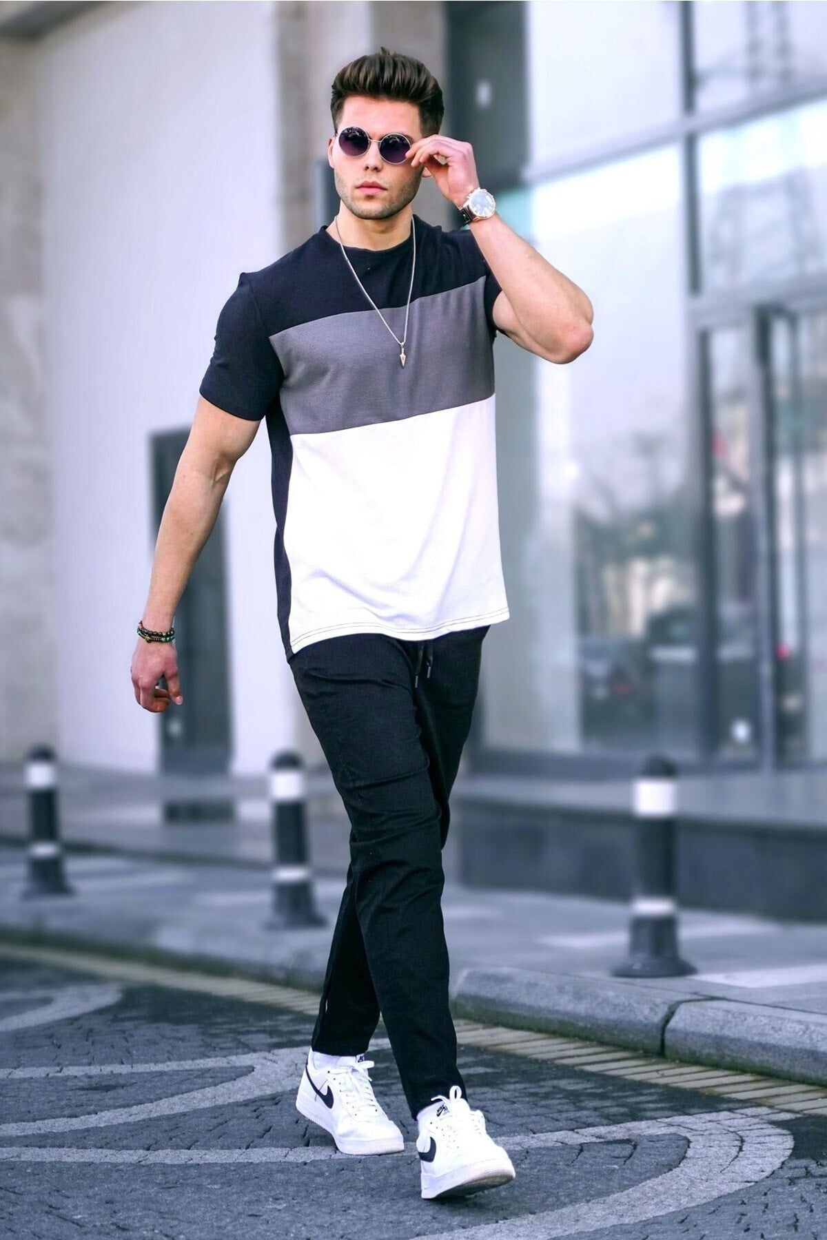 Men'S Color Block Black T-Shirt 5826