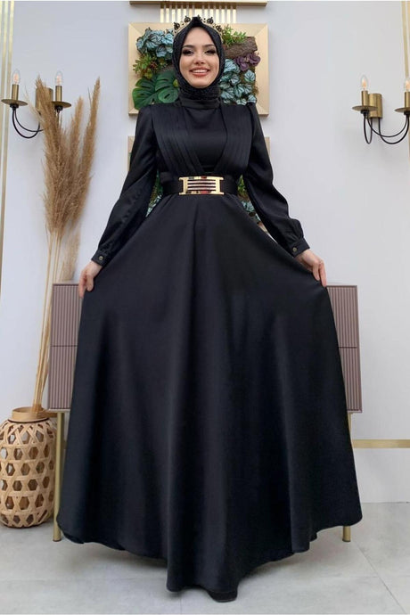 Women's Black Belted Pleated Detailed Satin Evening Dress T 2973 - Swordslife
