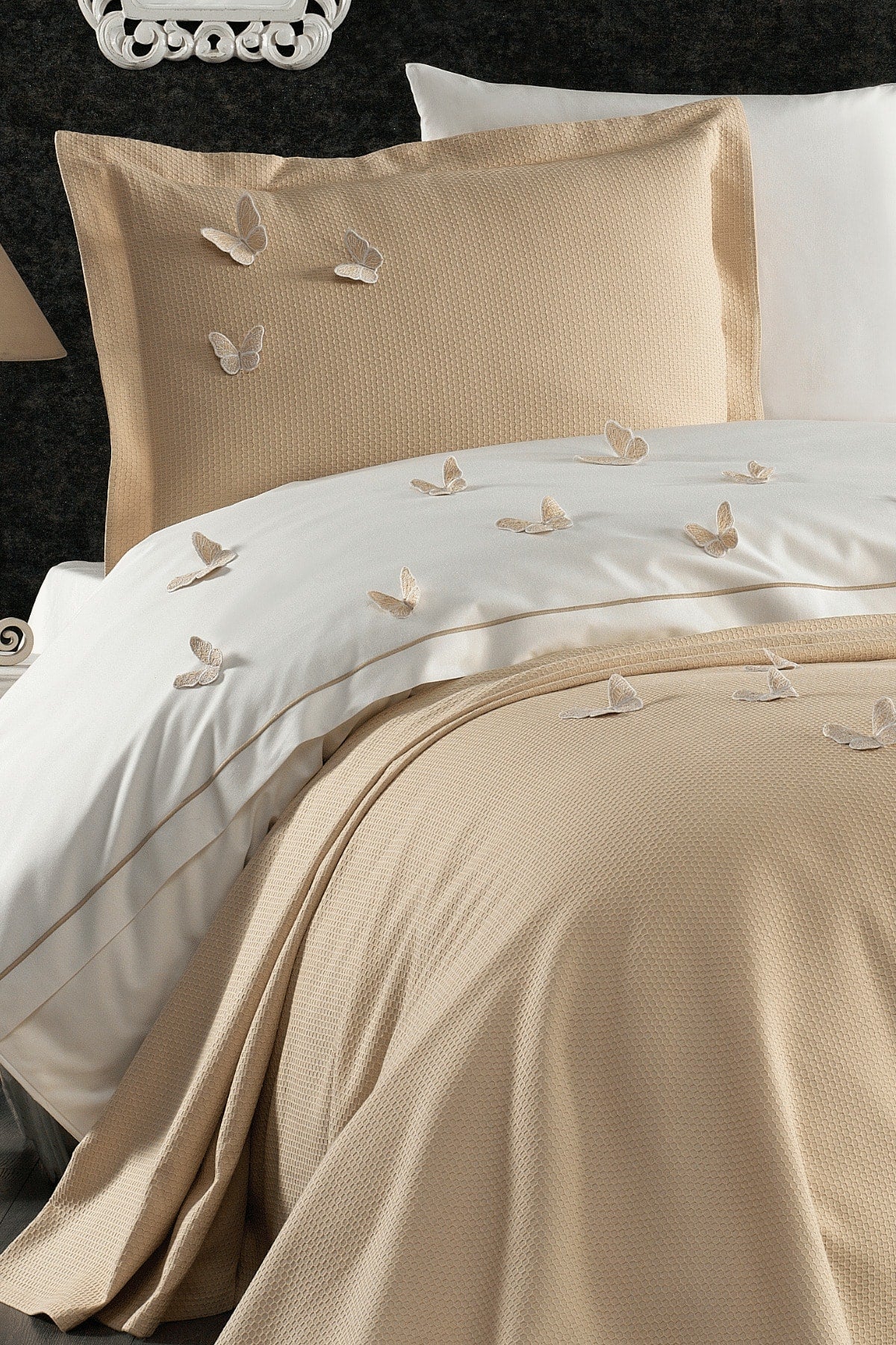 5 Pieces Elastic Bed Sheet 3D Butterfly Pattern Kids Room Cotton Single Beige Duvet Cover Set