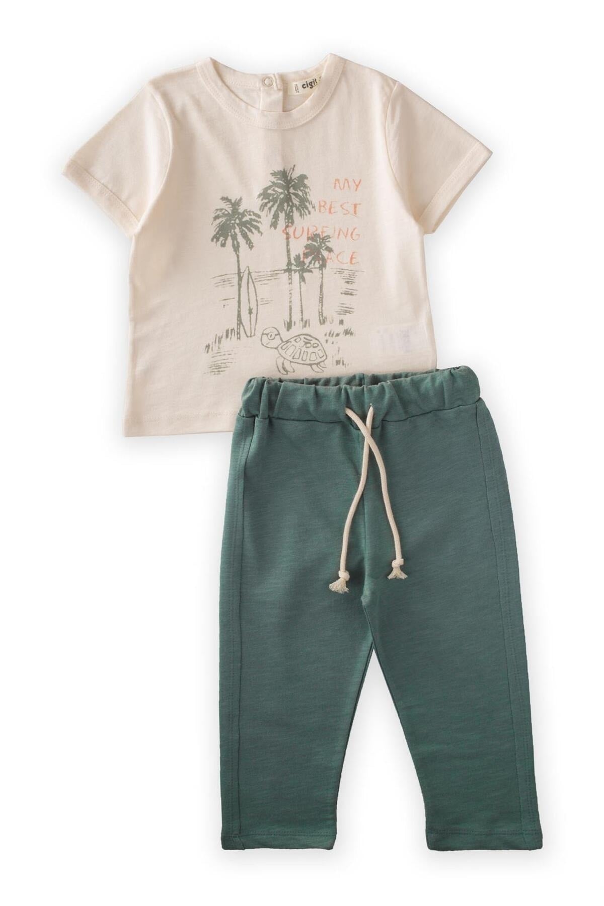 Palm Printed T-shirt Tracksuit Suit 1-6 Years Sand