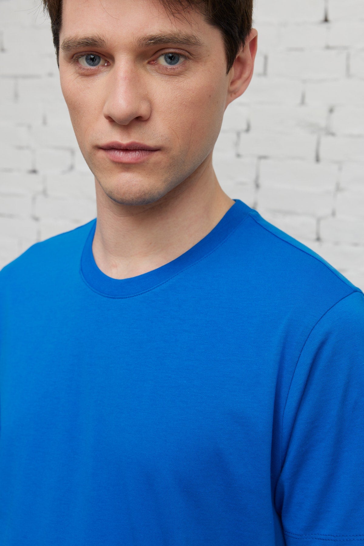 Men'S Sax Blue 100% Cotton Slim Fit Slim Fit Crew Neck Short Sleeved T-Shirt