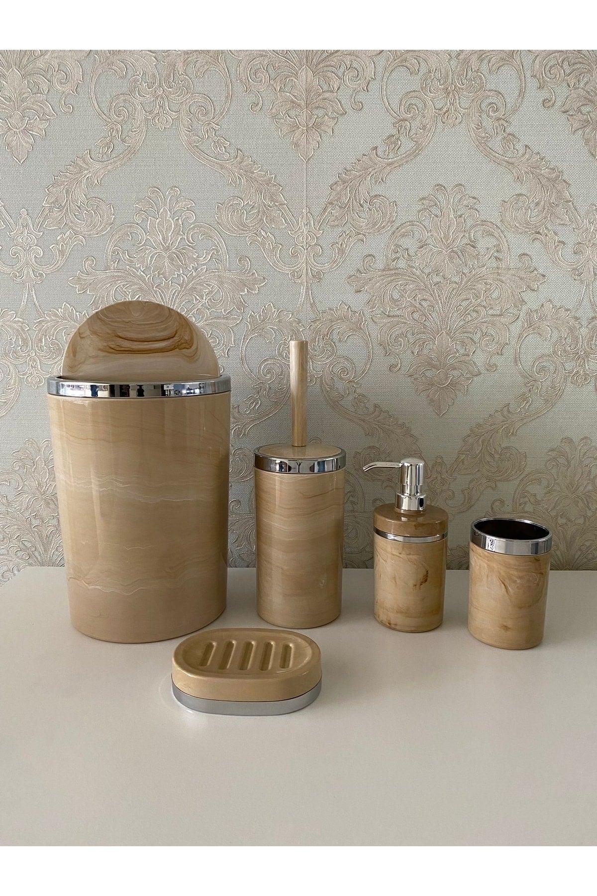 5 Pieces Marble Pattern Silver Bathroom Set / Wc Brush Holder, Liquid - Solid Soap Dispenser, Trash Can, Toothbrush Holder - Swordslife