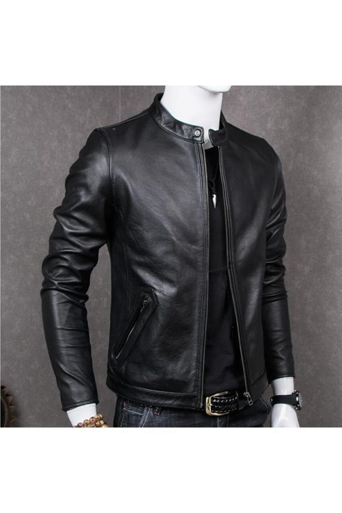 Genuine Leather Black British Collar Sport Men's Leather Jacket