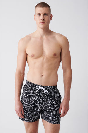 Men'S Black Quick Dry Printed Standard Size Swimwear Marine Shorts E003802