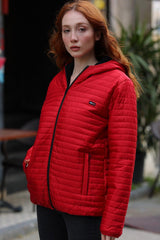 Women's Red Hooded Lined Waterproof And Windproof Coat - Swordslife
