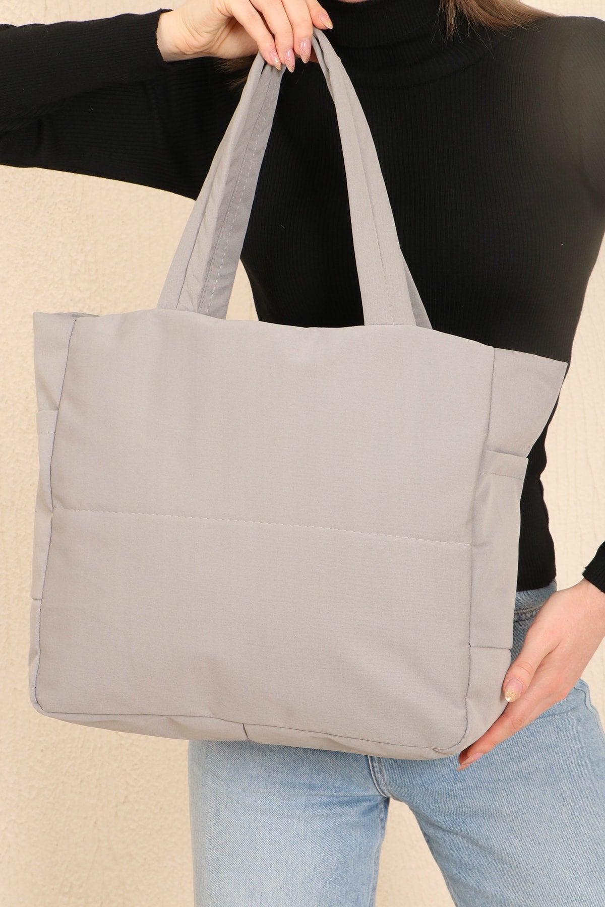 Gray U25 3-Compartment Side 2 Pocket Detailed Zipper Closure Canvas Women'S Arm And Shoulder Bag B:35 E:35 G:1