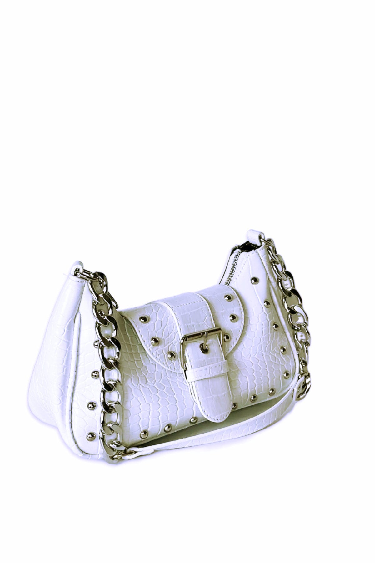 Crocodile Patterned White Handle Bag with Bony Staples