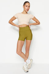 Oil Green Gathering Stitch Detail Sports Shorts Tights TWOSS21SR0545 - Swordslife