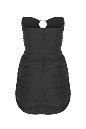 Black Bust Gold Two-Ring Ruffle Strapless Draped Mini Evening Dress - Swordslife