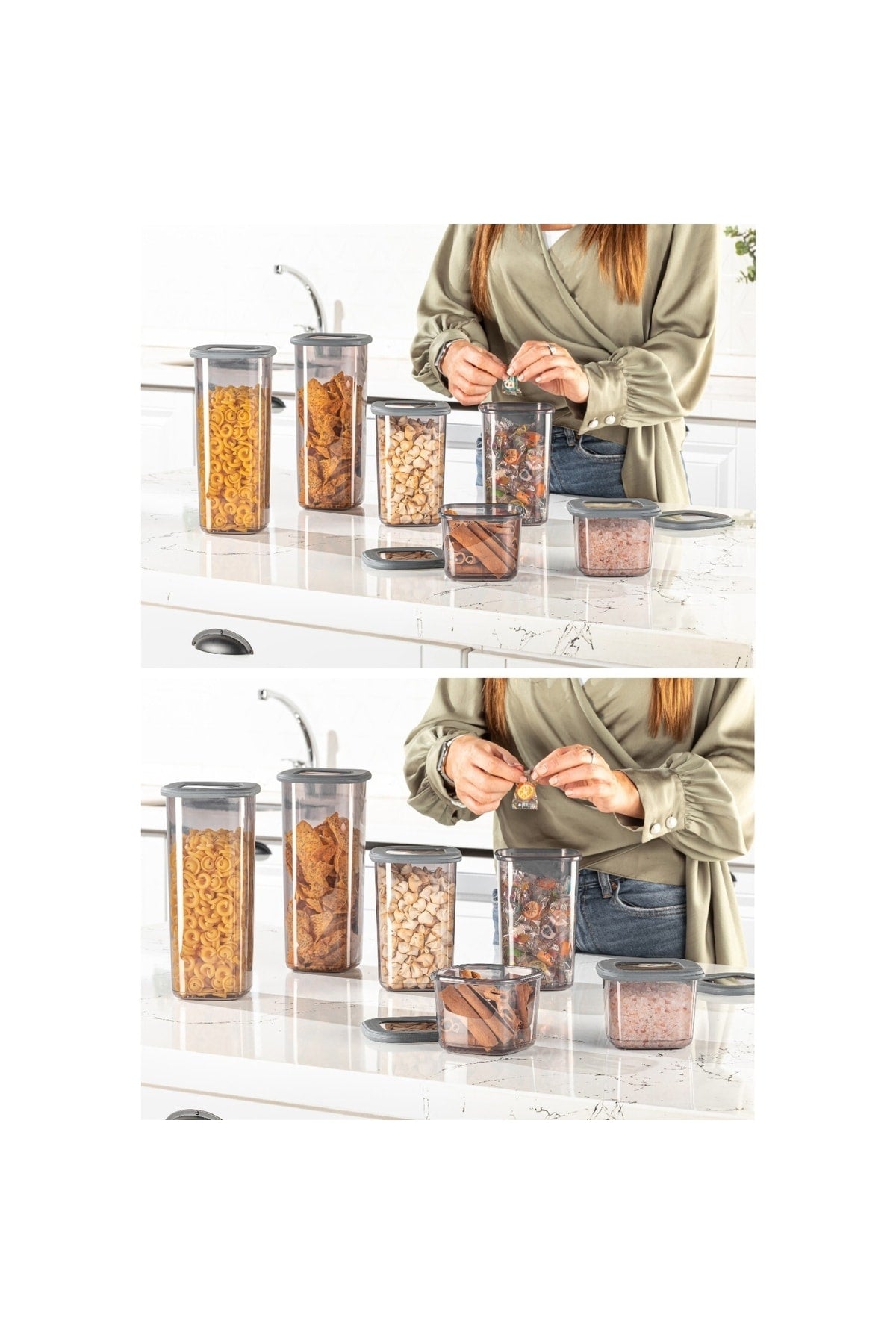 Labeled 15 Piece Square Food Storage Container Set 5X(0.55 Liter, 1.2 Liter, 1.75 Liter) Anthracite