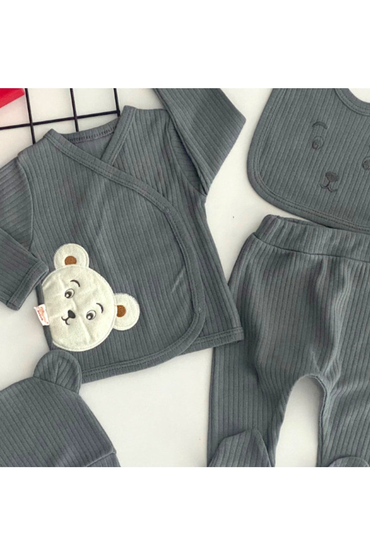 Cheerful Babies Organic Fabric Teddy Bear Embroidered Pattern 5 Pieces Hospital Outlet Set Gray