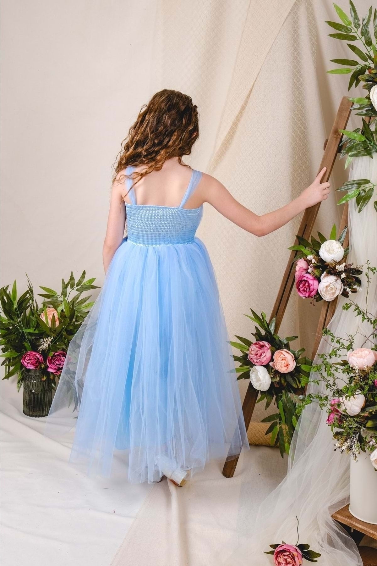 Girl's Satin Evening Dress with Back Gipe and Tulle Turquoise