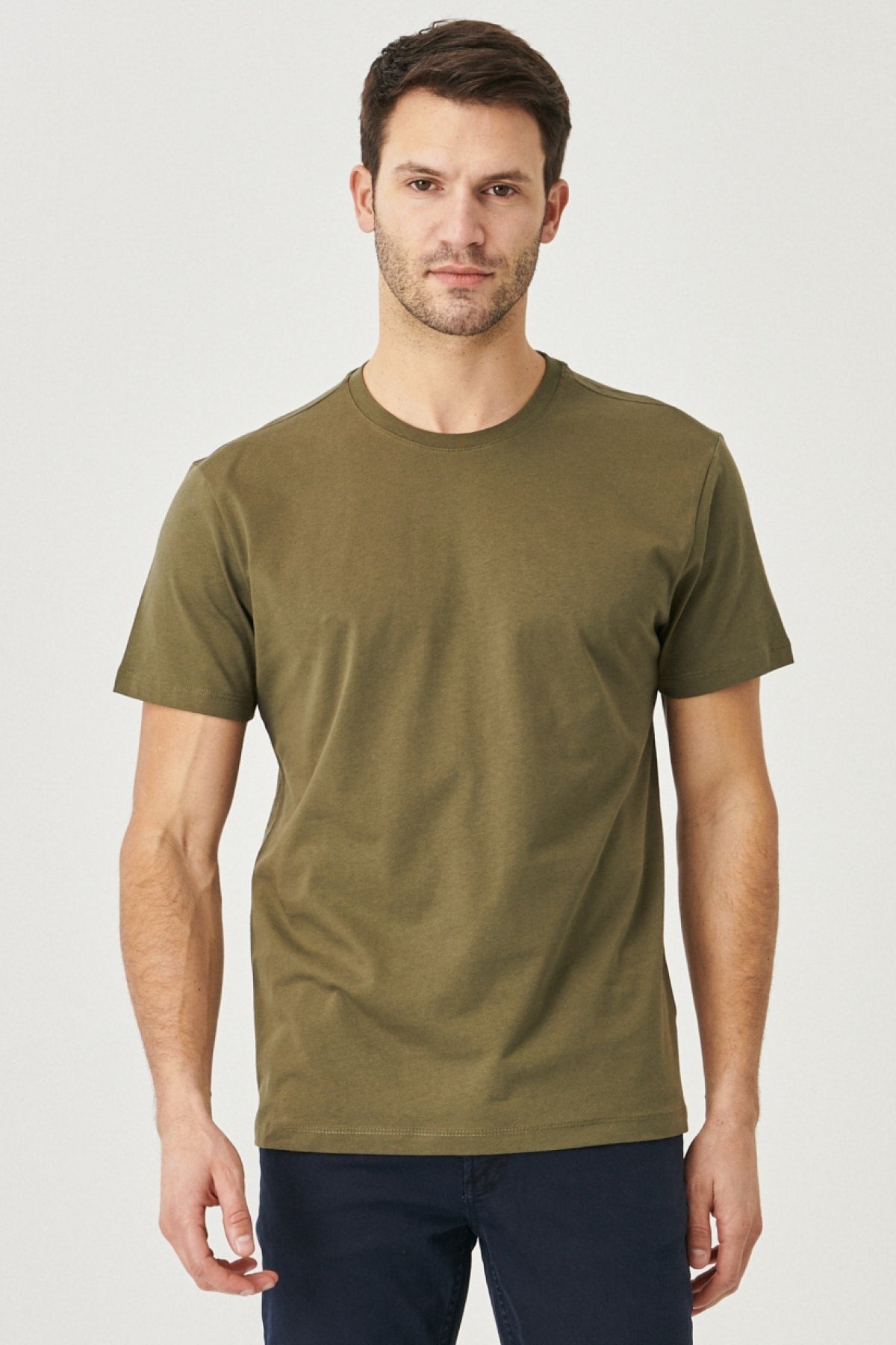 Men's Khaki 100% Cotton Slim Fit Slim Fit Crew Neck Short Sleeved T-Shirt