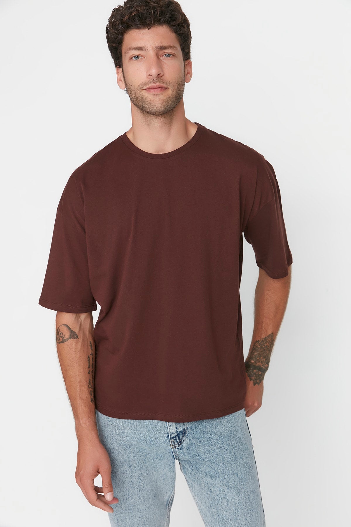 Braunes Herren-Basic-T-Shirt mit Rundhalsausschnitt, Oversize, kurzärmelig, 100 % Baumwolle