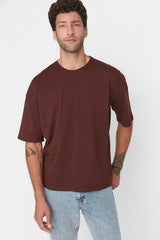 Brown Men's Basic 100% Cotton Crew Neck Oversize Short Sleeved T-Shirt