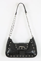 Crocodile Patterned Black Handbag with Bony Staples