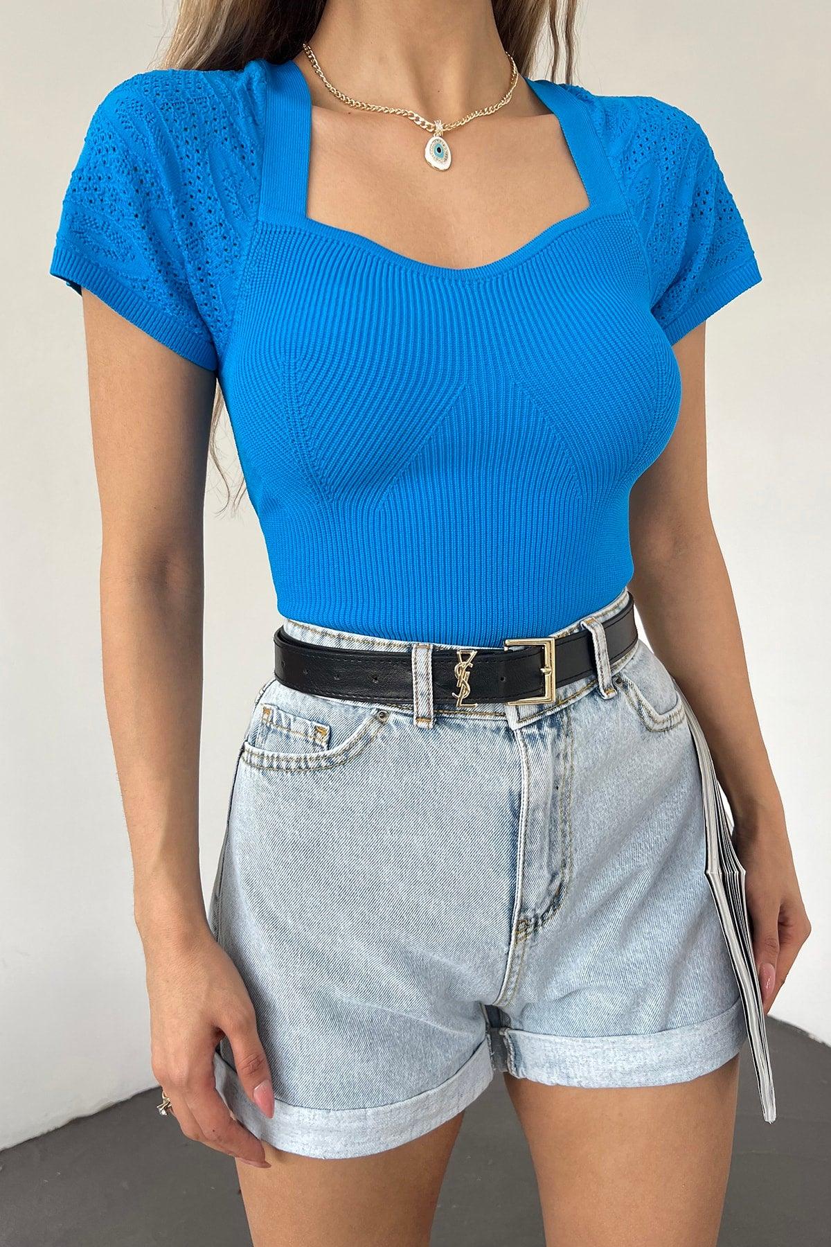 Women's Blue Sleeve Knit Detailed Short Sleeve Heart Collar Knitwear Blouse - Swordslife