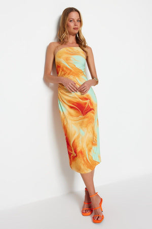 Limited Edition Orange Printed Fitted Midi One-Shoulder Elastic Knit Dress TWOSS23EL01577 - Swordslife