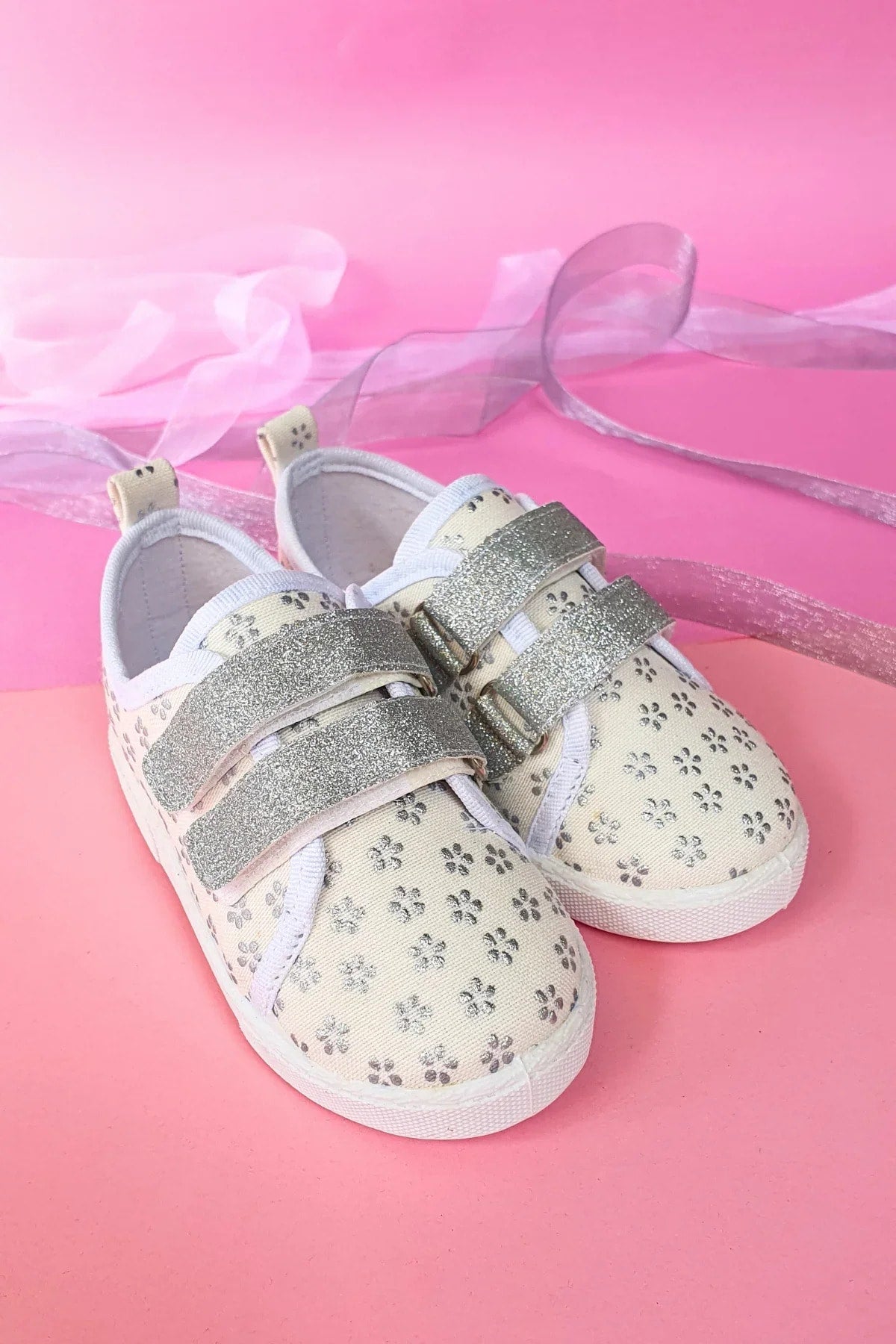 Doppelter Klettverschluss Silber Blumen Leinen Sport Kinderschuhe-Silber-F-4003