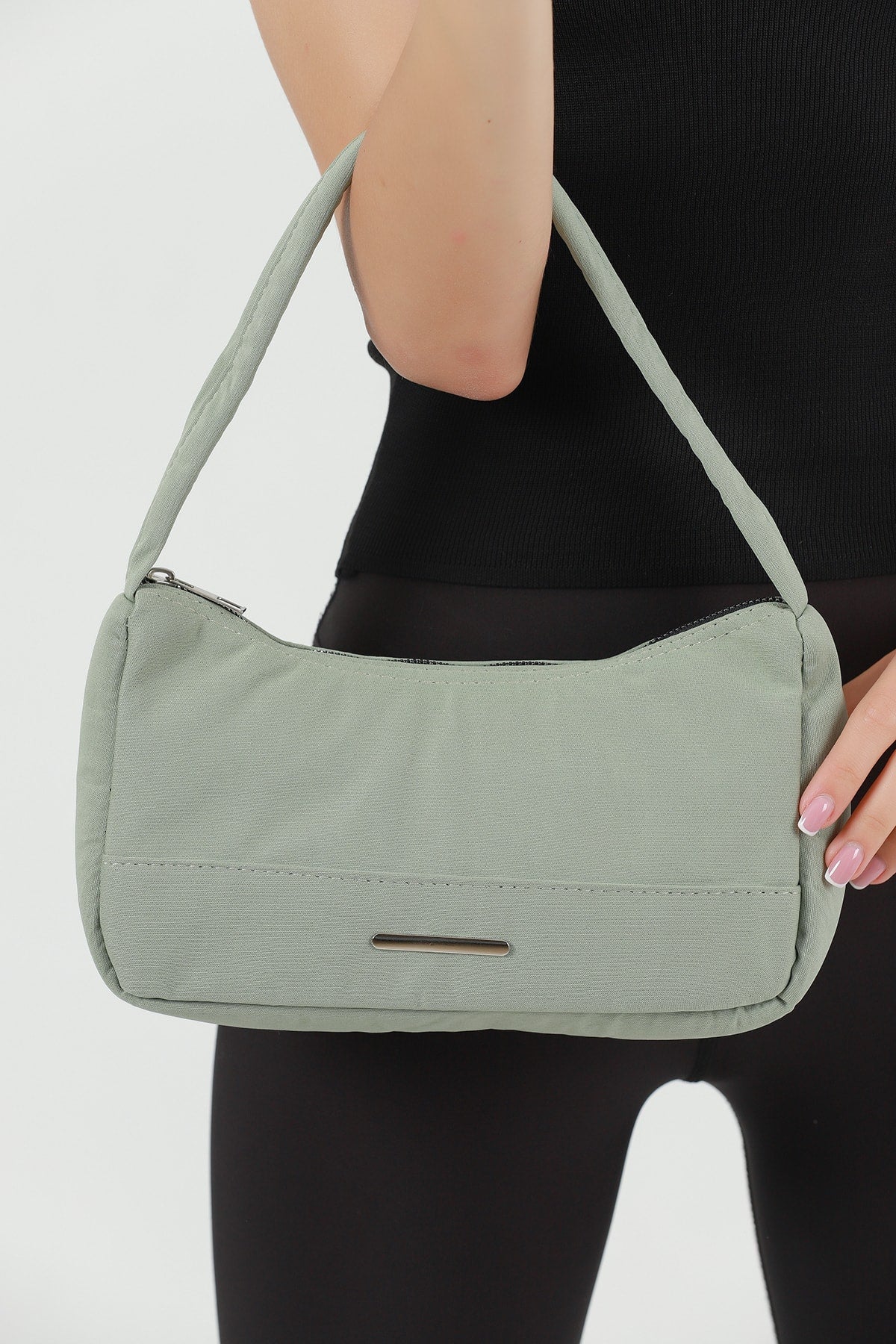 Green U26 Single Zipper Section Canvas Fabric Women'S Daily Baguette Hand And Shoulder Bag U:13 E:25 G:6